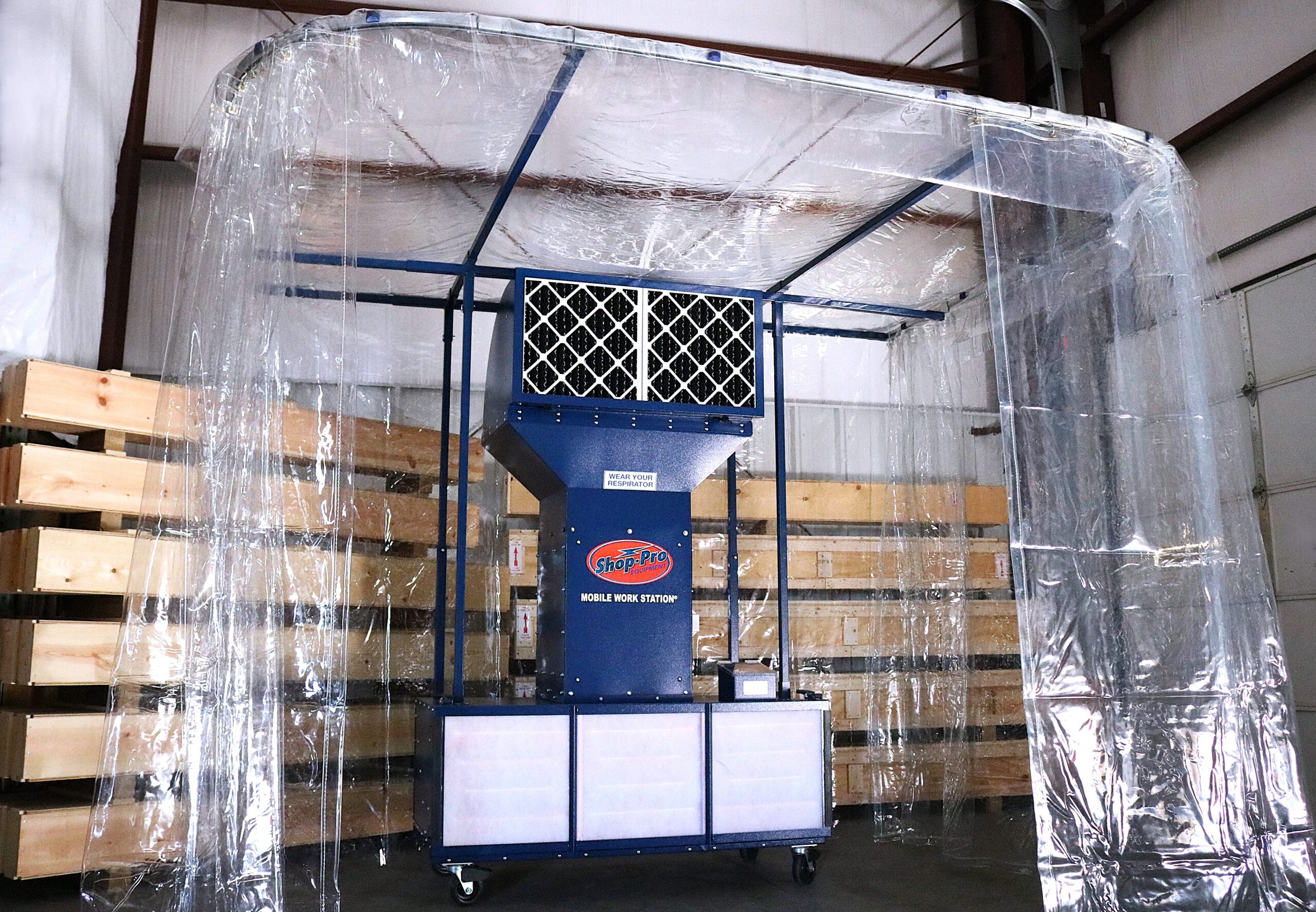 Mobile Work Station Model 5400 setup with standard filters and enclosure in a shop environment.