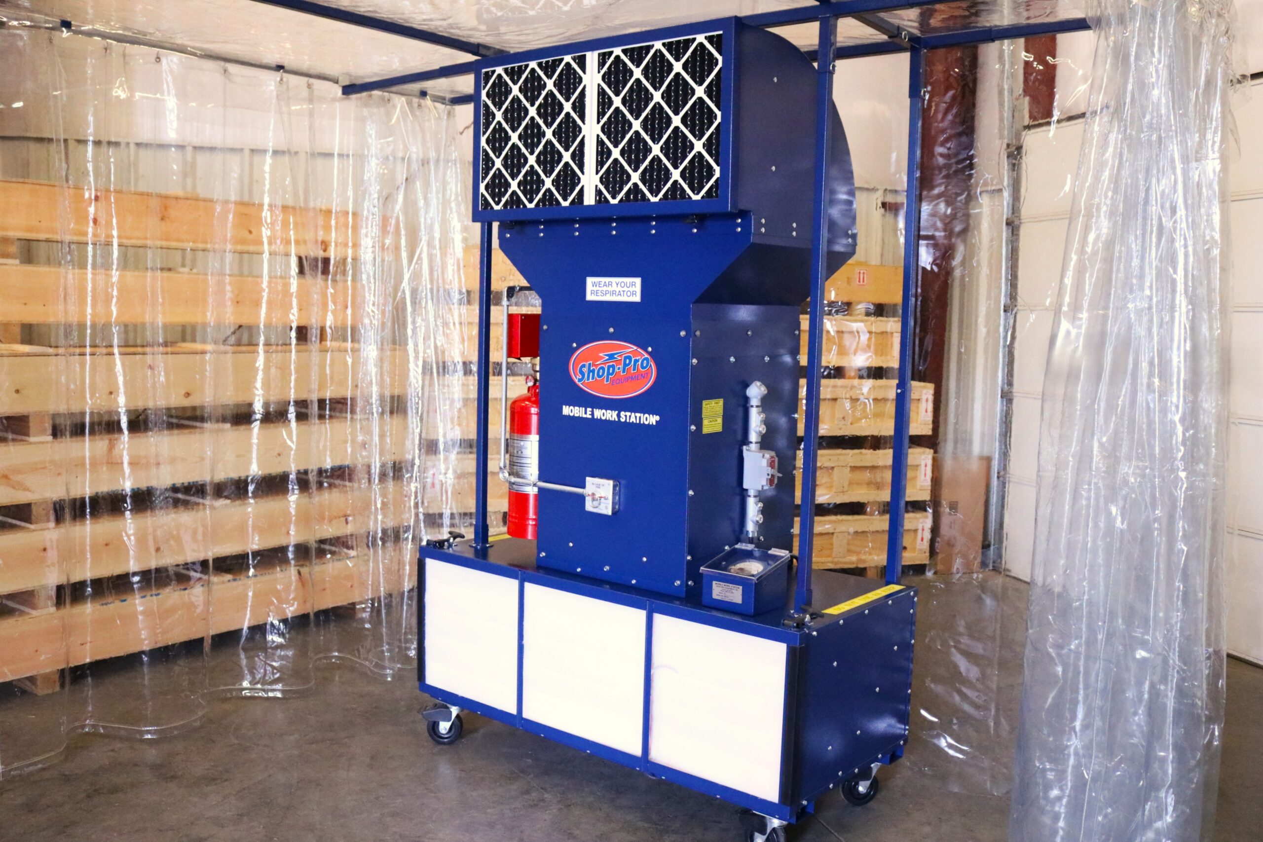 Mobile Work Station Booth Model 5410 setup in a shop environment.