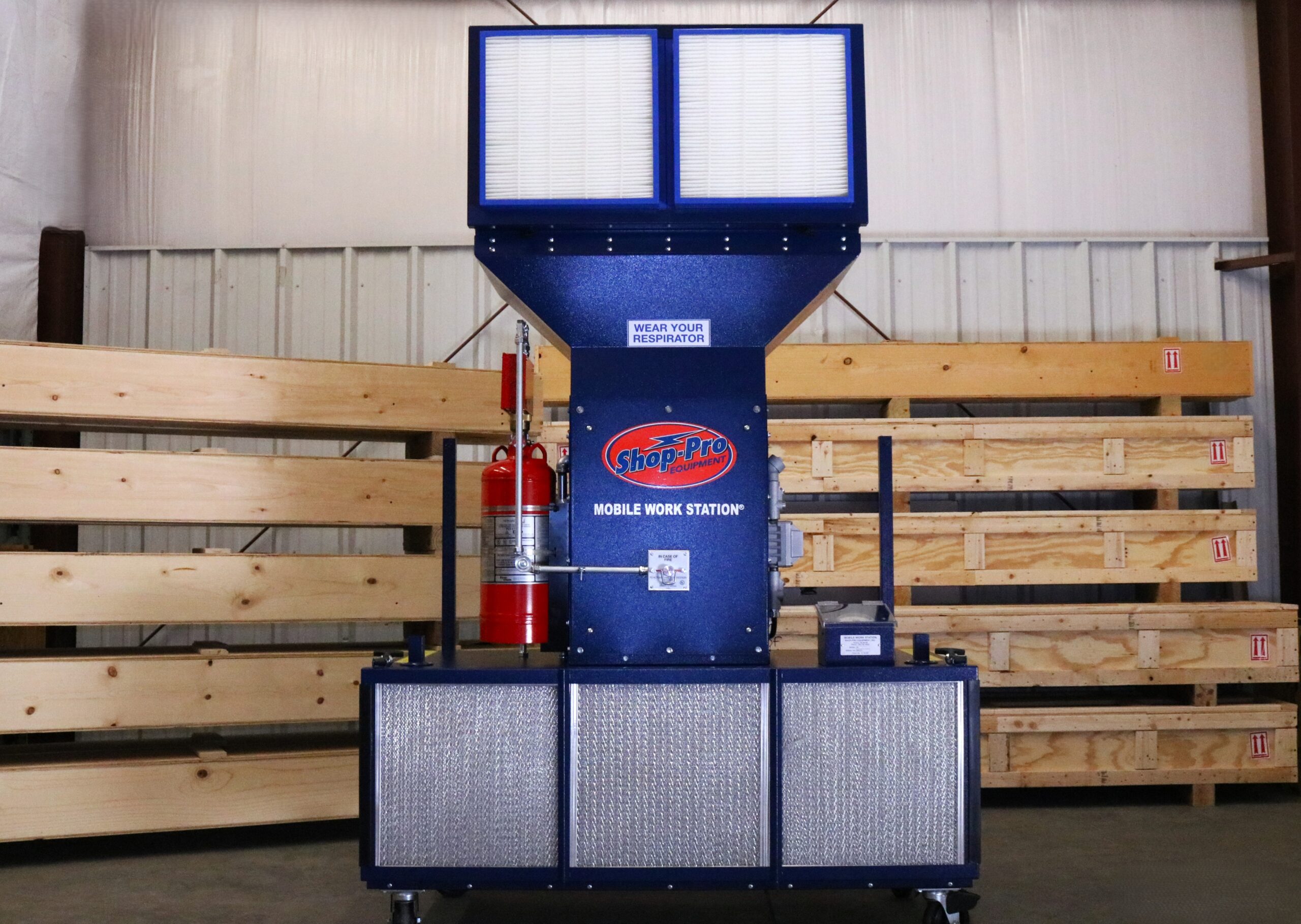 Mobile Work Station setup in a shop environment. Showcased with High Efficiency Particulate filters