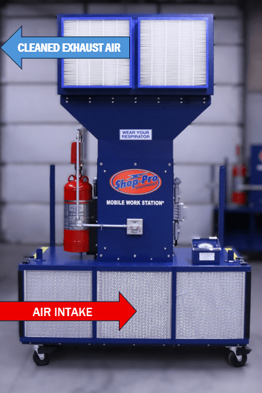 Portable Filtration System with welding filters installed and directional arrows demonstrating the airflow direction.